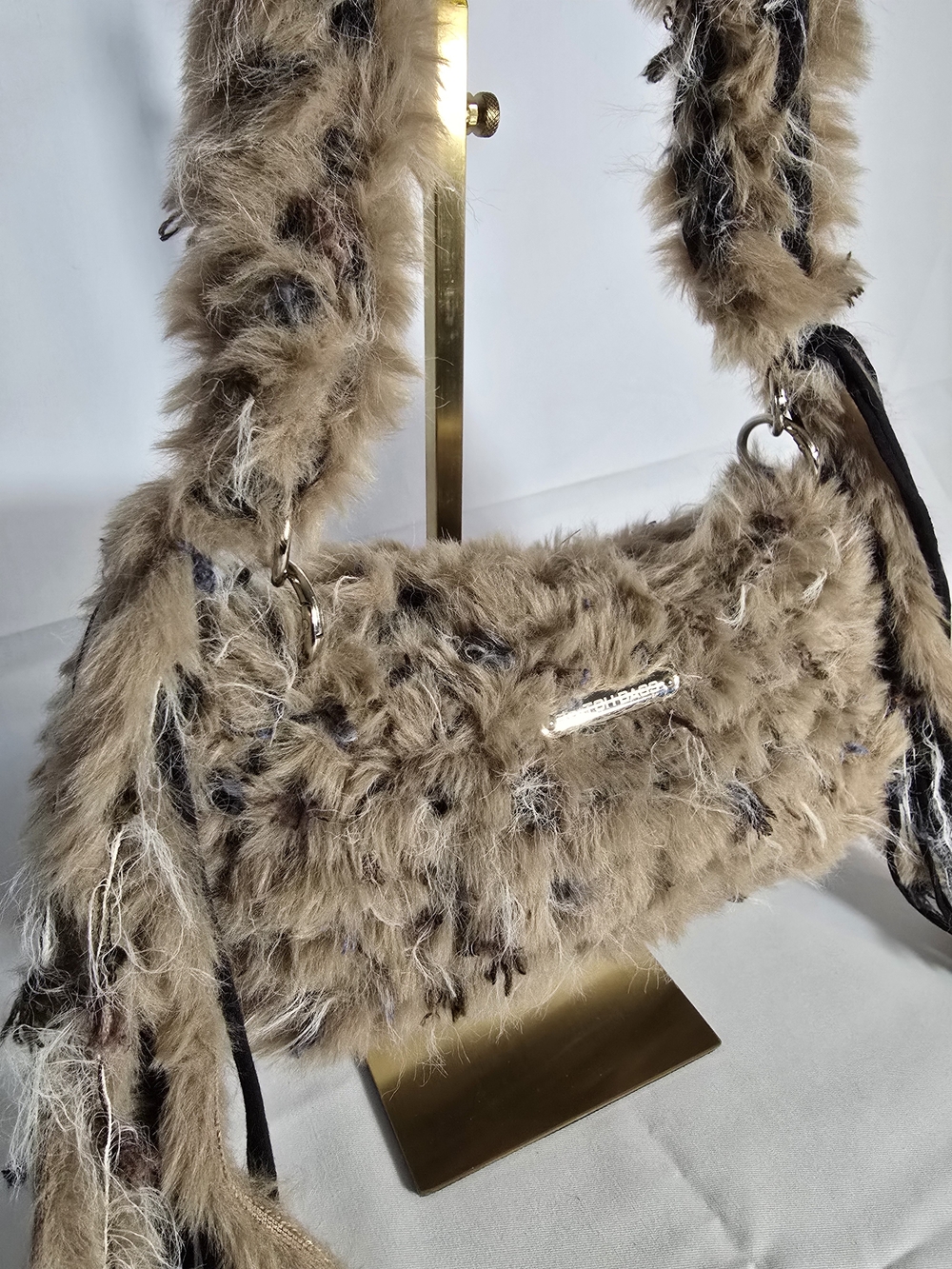 "SOLD"Hand Crafted Crochet Beige Faux Fur Crossbody Bag with Fringe - Picture 2 of 3